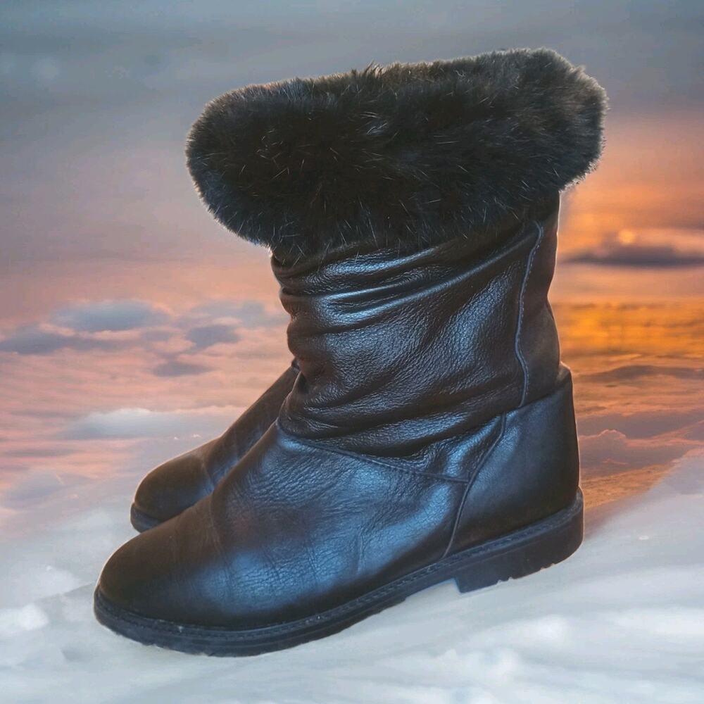 Barbo Made in Canada Fur Cuff Winter Boots Size 8 Leather Black Slouch Mid Calf